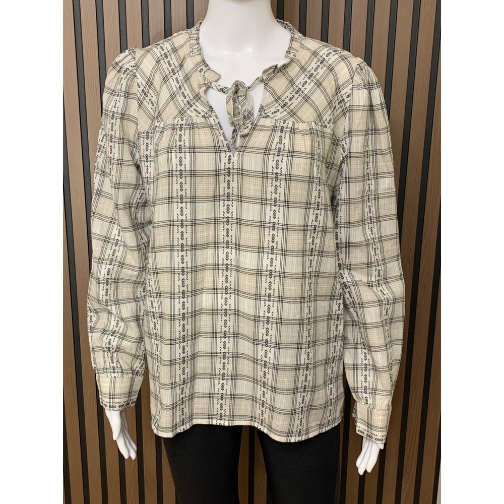 LOFT Women's Plaid Embroidered Tie Neck Blouse Tan Black Cotton Top Medium